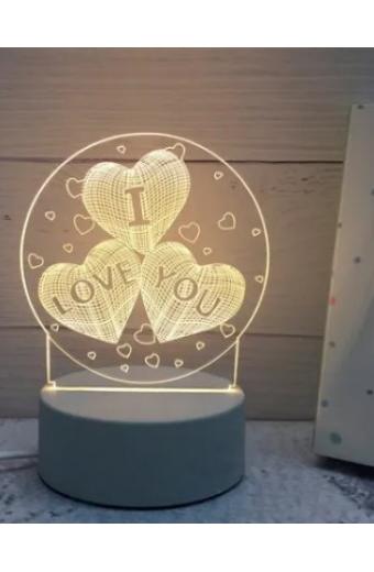 Luminaria Led 3D Abajur USB ( I Love You / 3 Corações ) 3 Tons 3K/4K/65K